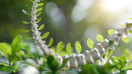 Artistic spine with green leaves sprouting from vertebrae, symbolizing natural healing and wellnessの素材
