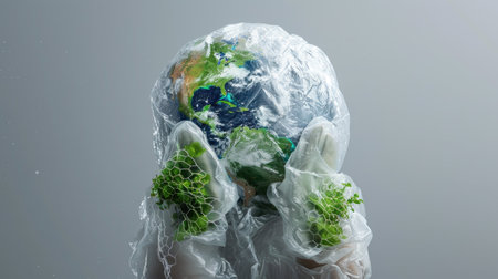 Anthropomorphic Earth figure trapped in plastic mesh and gray haze, symbolizing climate entrapmentの素材