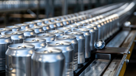Row of aluminum cans traveling on industrial conveyor in beverage plant, showcasing efficiency and automationの素材