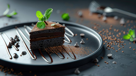Rich dark chocolate cake slice with glossy drizzle and mint sprig, presented on sleek matte black plateの素材
