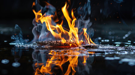 Lively orange flames dancing above glossy surface, reflecting fire patterns against dark moody backdropの素材
