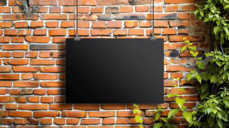 Blank black rectangular signboard hanging on exterior brick wall, perfect for restaurant branding mockupの素材
