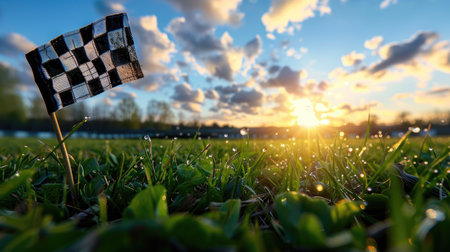 Motion blur of checkered flag fluttering during sunset on racecourse, high-energy sports conceptの素材