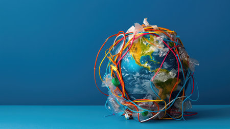 Planet Earth model wrapped in plastic cords and trash, representing global pollution crisisの素材