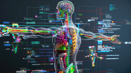 Transparent body outline showing major systems in vibrant hues, clean scientific diagramの素材