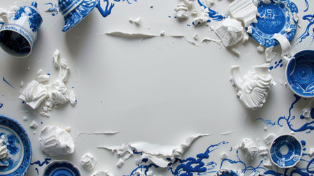 Clean white canvas with ornate blue ceramics outlining the edges, elegant flatlay for brandingの素材