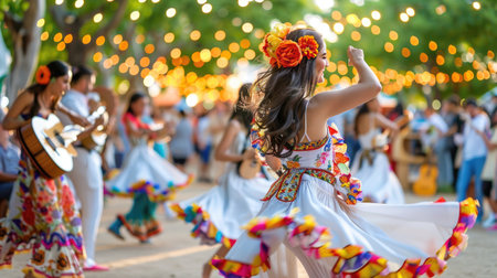 Festive atmosphere at Feria de Abril with flamenco dresses, lights, and authentic Spanish cuisineの素材