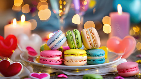 Colorful macarons styled on a chic table with heart-shaped accents and soft lighting for Valentine's celebrationの素材