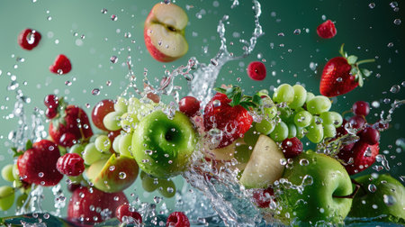 Juicy apples, grapes, and berries mid-air splash, high-speed capture on minimal backdropの素材