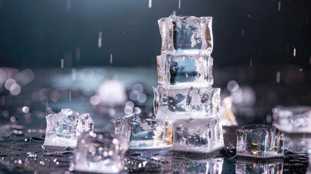 Crystal-clear blocks of ice stacked or scattered on dark surface, glistening with sharp edges and textureの素材