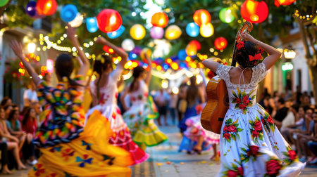 Festive atmosphere at Feria de Abril with flamenco dresses, lights, and authentic Spanish cuisineの素材
