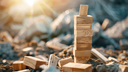 Business survival concept with one wooden block standing tall in a collapsed structure, focus on perseveranceの素材