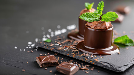Elegant chocolate dessert with molten topping and mint leaf, isolated on dark modern serving wareの素材