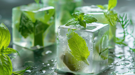 Close-up of frozen herbs in clear cubes, natural ingredients for healthy drinks and culinary inspirationの素材
