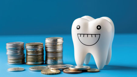 Cute tooth figure smiling beside coins, symbolizing savings for dental care and good oral hygiene practicesの素材