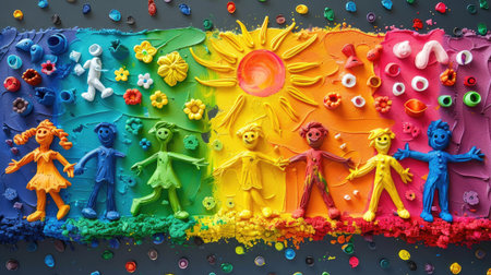 Plasticine art collection made by kids, rainbow-colored figures for educational or creative preschool projectsの素材