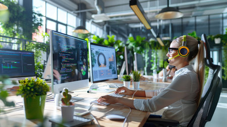 Animated female agent working in bright tech workspace, headset on, helping customer through online chatの素材