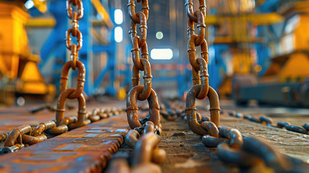 Close-up of industrial metal chain with grab hooks on shop floor, used for towing, securing cargo and heavy machineryの素材