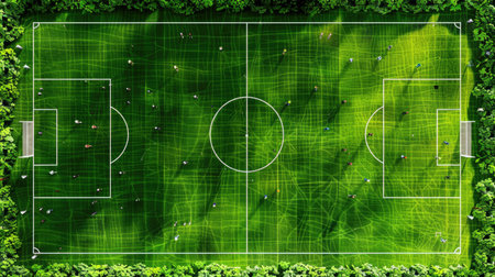 Flat vector top view of soccer field with player positions, goalposts, and standard markings, green pitch backgroundの素材