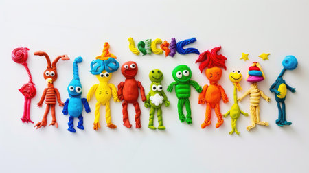 Plasticine art collection made by kids, rainbow-colored figures for educational or creative preschool projectsの素材