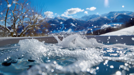 Hot tub bubbling with snowy mountains in background, luxury winter resort scene, relaxation and spa vacation vibeの素材