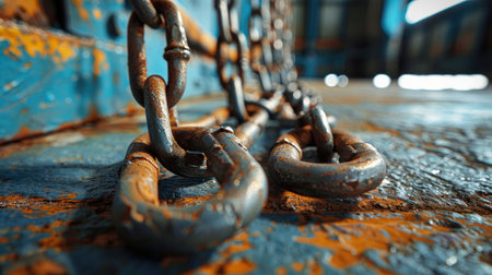 Close-up of industrial metal chain with grab hooks on shop floor, used for towing, securing cargo and heavy machineryの素材