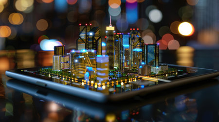 Futuristic city layout glowing on tablet, showcasing modern planning, tech and digital infrastructure conceptの素材