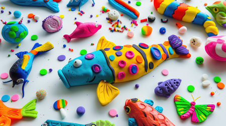 Handmade children clay crafts including fish, butterfly and candy, bright colors on white background, preschool funの素材