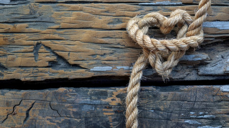 Heart-shaped rope knot on weathered wood plank, texture-rich romantic background for love-themed visualsの素材