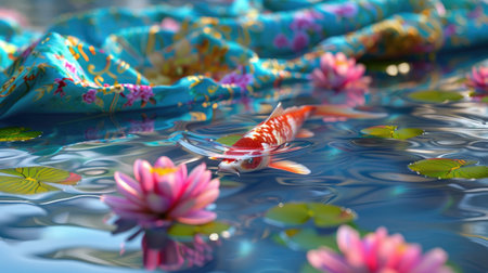 AI-generated image of koi fish gliding in lotus pond, silk drapes in background, tranquil harmony and balanceの素材