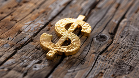 Shiny gold dollar sign on rustic wooden background, representing investment, finance, value and commerceの素材