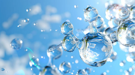 Transparent blue water molecules float in space with light reflections and bubbles, fresh science-themed backgroundの素材