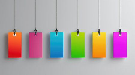 Colorful vector promo labels with hanging tag shapes, perfect for e-commerce, clearance, or shopping dealsの素材