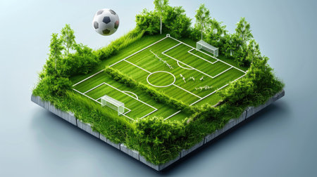 Isometric illustration of football field with grass texture and line markings, strategy and sports training designの素材