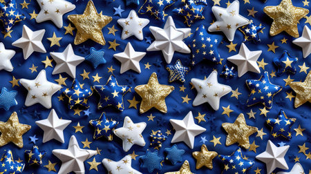 Seamless pattern of gold and white stars on dark background, celestial design for textile, wrapping paper, or wallpaperの素材