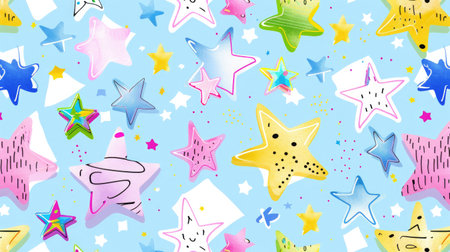 Repeating star pattern with various sizes, soft pastel tones for dreamy background or kids productsの素材