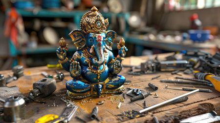 AI-generated image of intricately detailed Ganesha statue placed on rustic wooden table in artisan workshopの素材