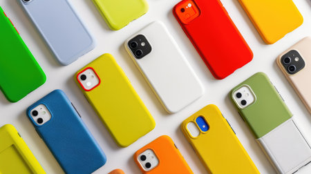 Variety of vibrant mobile cases in different shades on clean white surface, flatlay for e-commerce or craftingの素材