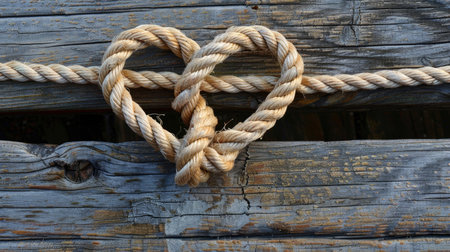 Heart-shaped rope knot on weathered wood plank, texture-rich romantic background for love-themed visualsの素材
