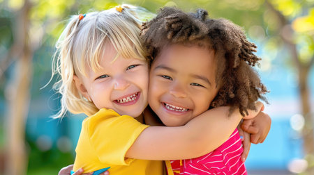 Two smiling children from different ethnic backgrounds hugging warmly, symbol of friendship and joy, bright settingの素材