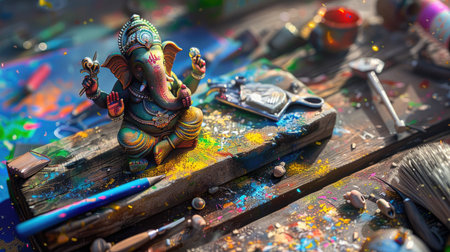 Artistic rendering of a Ganesha idol on a wooden bench with tools and materials, divine energy in creative spaceの素材