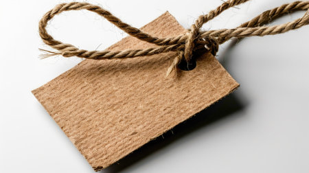 Blank cardboard tag with twine, suspended on white, minimalist design for pricing, packaging or eco brandingの素材