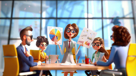 Animated businesswoman presenting ideas to a team in glass office, leadership and team building conceptの素材