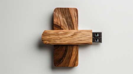 Isolated wooden USB flash drive on white background, eco-friendly tech accessory, minimal card-style designの素材