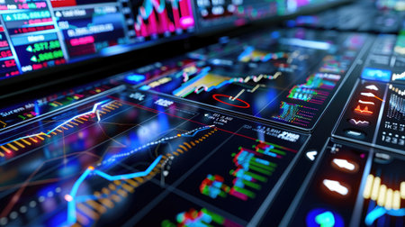 High-tech stock market interface with analytics, financial growth insights, interactive charts and trading visualsの素材