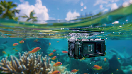 Submerged digital action camera records marine world, showcasing tech resilience in water sports environmentの素材