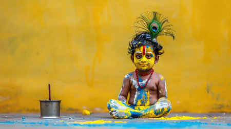 Adorable Krishna as Makhan Chor sitting on floor, butter smeared cheeks, peacock feather crownの素材