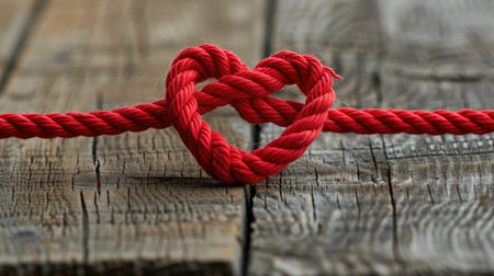 Red rope shaped into heart knot on rustic wooden surface, symbol of love and romance, Valentine design elementの素材