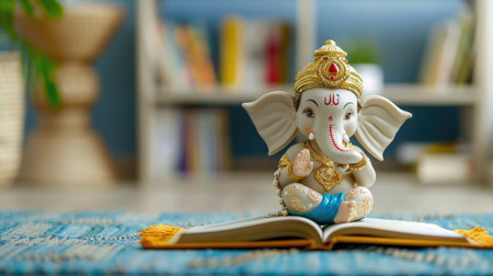 Baby Ganesha sitting with a book on his lap, cute expression, traditional ornaments, spiritual and educational Hindu settingの素材