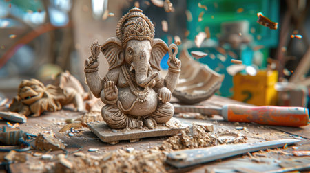 AI-generated image of intricately detailed Ganesha statue placed on rustic wooden table in artisan workshopの素材